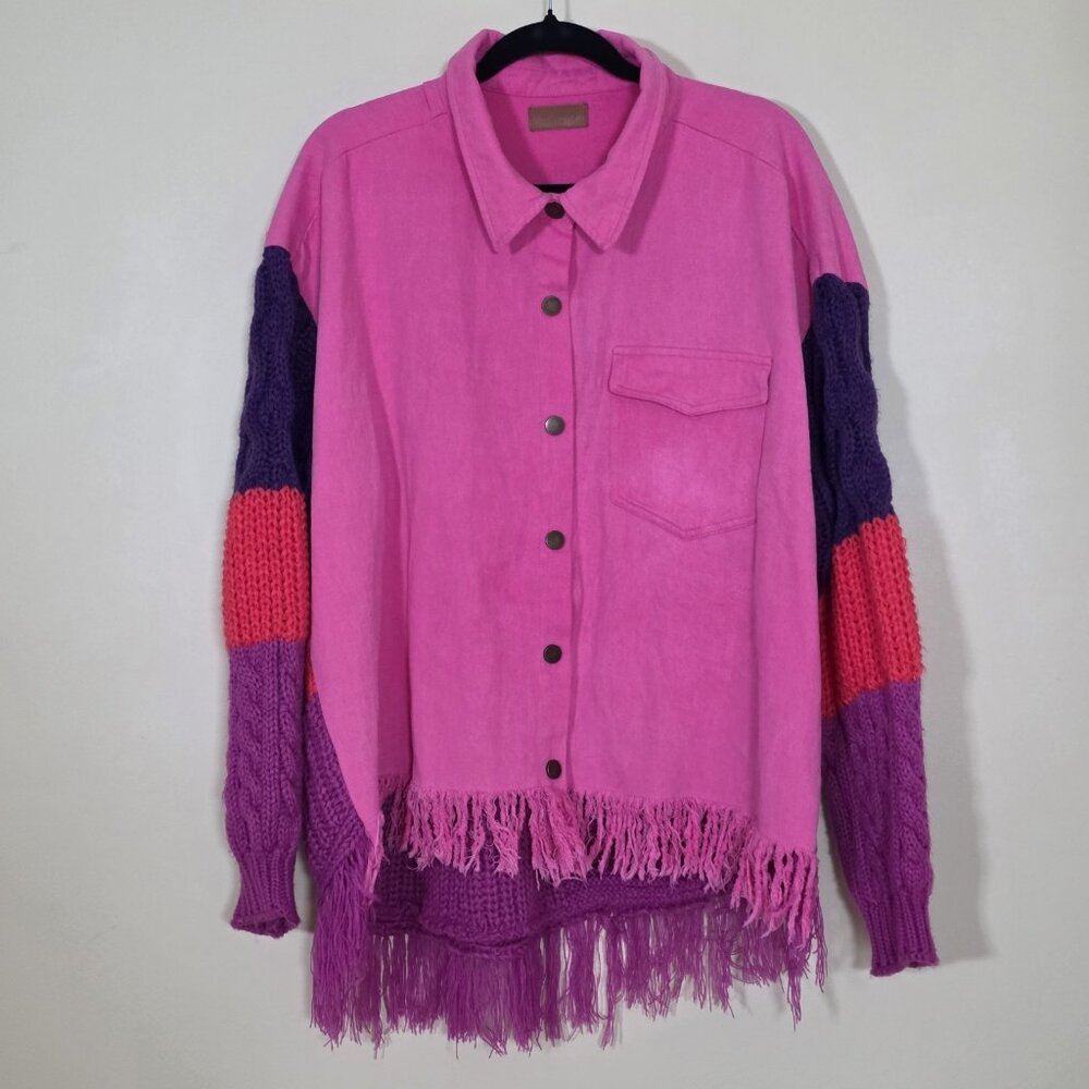 Umgee Shacket Womens L Pink Denim Colorful Knit LS Fringe Hippie Snaps Boho Chic